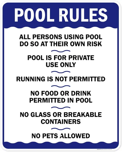 Miniatura 10 de Letrero de reglas de la piscina, «Swim at Your Own Risk, This is a Private Pool, No Food No Runing, No Glass, No Pets – Cartel de piscina, 10 x 14