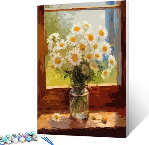 Miniatura 14 de Tucocoo Kit de pintura de lavanda por números con pinceles y pigmento acrílico sobre lienzo para adultos, diseño rústico de ventanas, arte floral