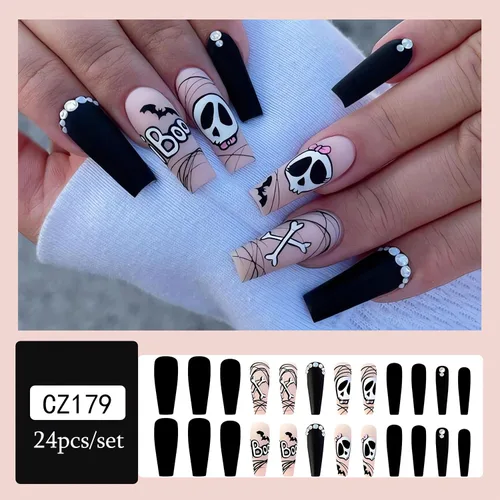 Miniatura 2 de 24 uñas largas a presión de Halloween, uñas postizas de Halloween, uñas postizas acrílicas con forma de ataúd con diseños, cobertura completa