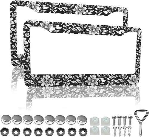 Marcos de matrícula con flores en blanco y negro - 2 paquetes de soporte de matrícula divertidos y personalizados, piezas decorativas de acero