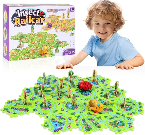 Miniatura 7 de VESPRO Juego de pista de autos para niños de 100 piezas - 4 series de rompecabezas de carreras para niños pequeños, juguetes educativos para niños
