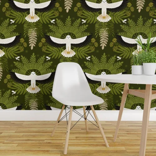 Miniatura 3 de Muestra de papel tapiz extraíble – Woodland Damasco Botánico Pájaro Botánico Moderno Selva Halcón Búho Helecho Hojas Papel pintado personalizado