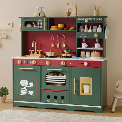 Play Kitchen Set, Kids Kitchen Playset with 21 Fun Accessories, Toy Kitchen with Realistic Appliances, Smart Storage, Wooden Play Kitchen for Kids,