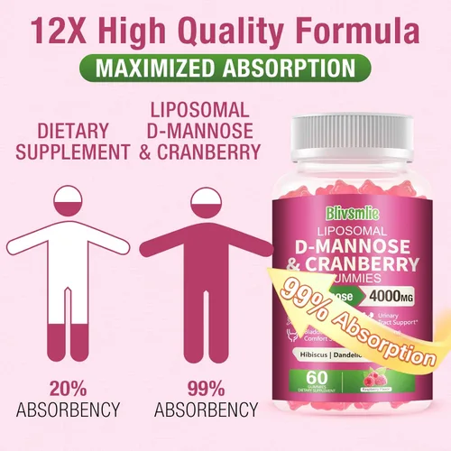 Miniatura 3 de Paquete de 2 gomitas liposomales D-manosa de 4000 mg complejo de arándano 1500 mg e hibisco, fórmula de alta potencia para mujeres tracto urinario