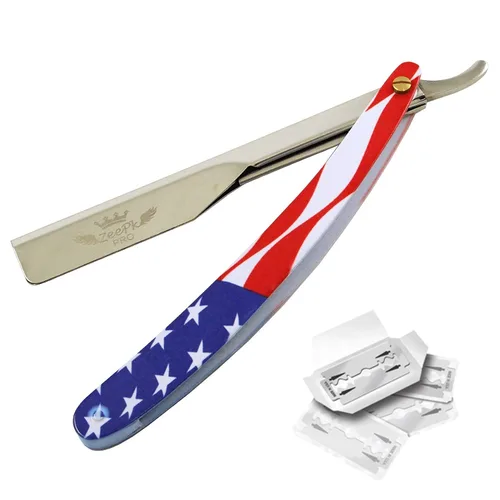 Maquinilla de afeitar de borde recto, calidad de peluquería (bandera estadounidense) para hombre con corte de barba + 10 cuchillas de afeitar Zeepk