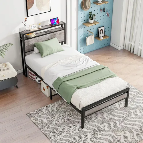 Miniatura 7 de HOJINLINERO Base de cama individual con cabecera de almacenamiento, plataforma de metal con estación de carga, no necesita somier, soporte de Roble