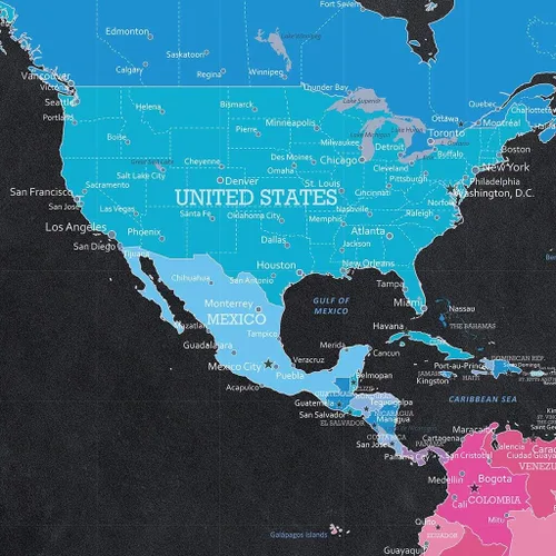 Miniatura 17 de 3 paneles - Mapa de viaje colorido del mundo con alfileres en lienzo envuelto en galería, mapa de pared grande