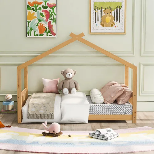 Miniatura 3 de Cama de casa de tamaño individual, cama de plataforma individual con cabecero y estribo, diseño de techo, muebles de dormitorio, natural