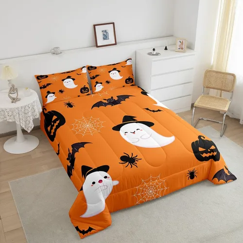 Miniatura 2 de Erosebridal Juego de edredón divertido de Halloween para niños, juego de ropa de cama de calabaza fantasma, decoración de Halloween para niños