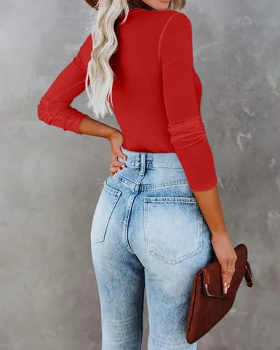 Miniatura 5 de VICHYIE Ropa de otoño para mujer, cuello redondo, acanalada, manga larga, ajustada, camiseta básica casual