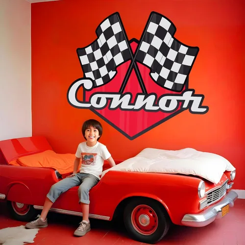 Miniatura 8 de Decoración de habitación de coches para niños, calcomanía de pared con nombre de bandera de carreras, arte de pared personalizado para niños, bebés