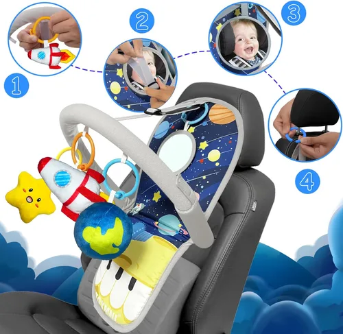 Miniatura 5 de Juguetes de asiento de automóvil para bebés de 6 meses en adelante, juguetes de asiento de automóvil con piano de pedal musical, espejo de bebé