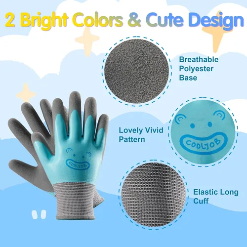 Miniatura 5 de COOLJOB 2 pares de guantes de jardinería impermeables para niños de 2 a 4 años, revestimiento de goma antideslizante de doble capa, guantes