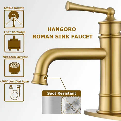 Miniatura 3 de Grifo de baño de un solo agujero, grifos de baño dorados de latón cepillado, 1 agujero, con drenaje desplegable y 2 mangueras de suministro