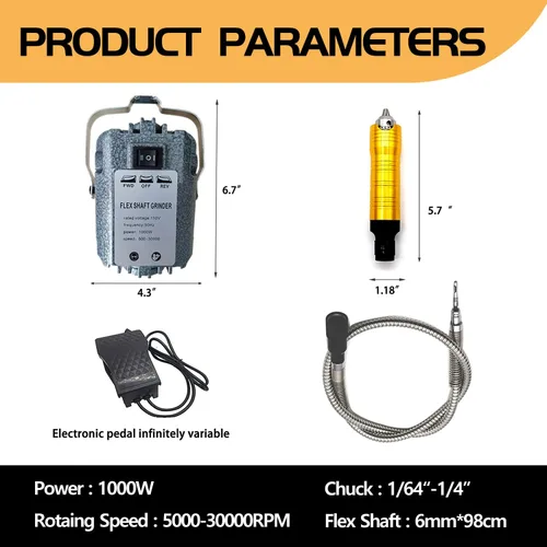 Miniatura 2 de Herramienta giratoria de eje flexible de 1000 W 30000 RPM, eje flexible grueso de 1/4 pulgadas con pedal de pie de velocidad continua, amoladora