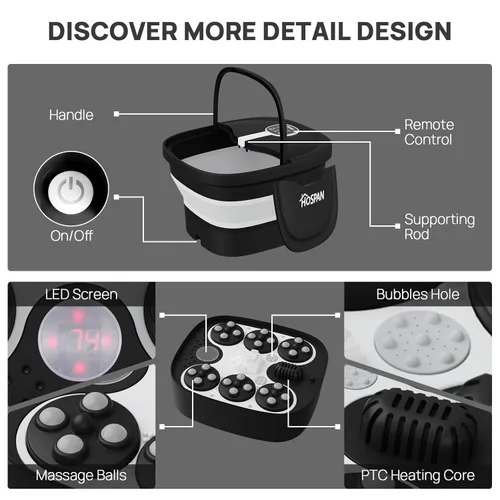 Miniatura 5 de HOSPAN Masaje giratorio eléctrico plegable para pies, baño de pies con calor, burbujas, control remoto y 24 bolas de masaje Shiatsu motorizadas. Spa