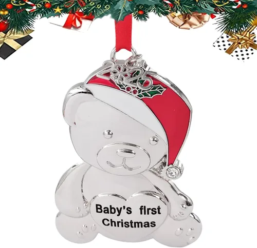 Adorno personalizado para la primera Navidad del bebé 2025, decoración del árbol de Navidad, oso de peluche de metal con gorro de Navidad rojo,