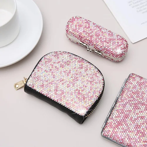 Miniatura 12 de AsAlways RFID Rhinestone titular de la tarjeta de crédito semicírculo multicapa cremallera caso Bling Crystal Slim pequeña cartera para mujeres