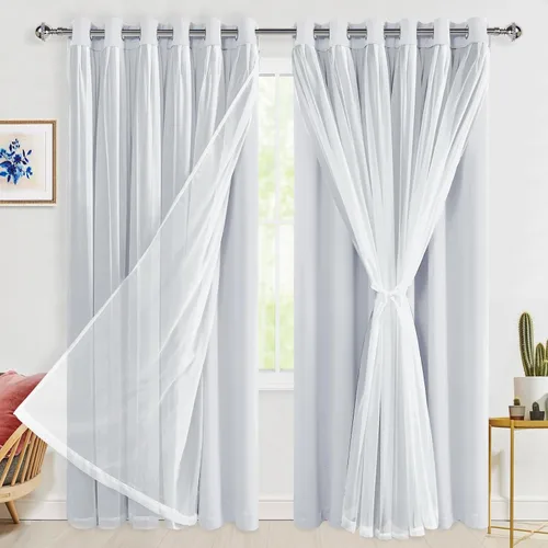 Miniatura 93 de Hiasan Cortinas opacas con superposición transparente, aislamiento térmico para mezclar y combinar de doble capa, cortinas de oscurecimiento de Beige