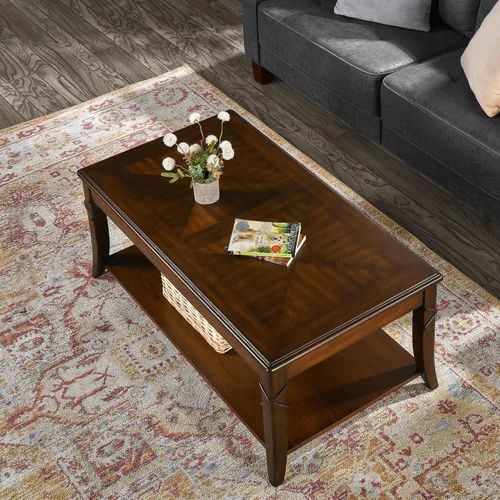 Miniatura 9 de Mesa de centro de madera maciza con estante de almacenamiento, mesa de centro rectangular moderna de mediados de siglo para sala de estar, mesa