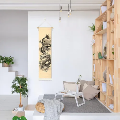 Miniatura 5 de Póster colgante de lienzo para pared, pintura de dragón chino, tinta y acuarela, tapiz de pared con efecto mitológico con 2 borlas y barra colgante