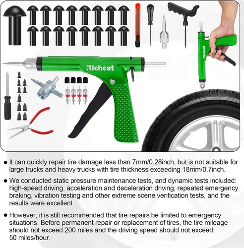 Miniatura 8 de Richcat Kit de reparación de pinchazos de neumáticos sin cámara con tapón de seta, repara pinchazos y neumáticos planos para motocicletas