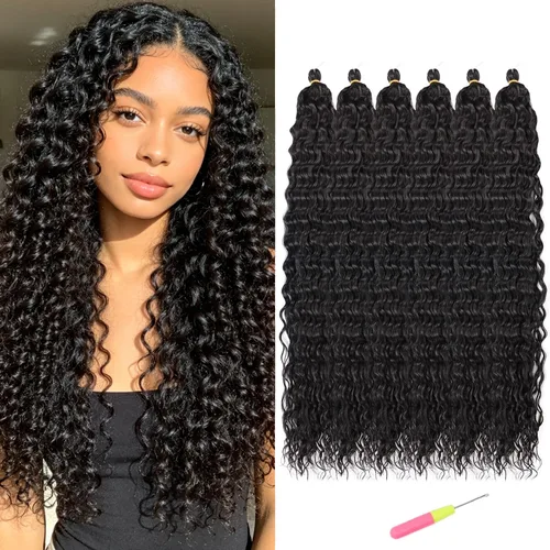 Miniatura 42 de MAYSA Extensiones de cabello sintético de ganchillo con ondas oceánicas, color 4 marrón, 22 pulgadas, rizado trenzado, extensiones de cabello