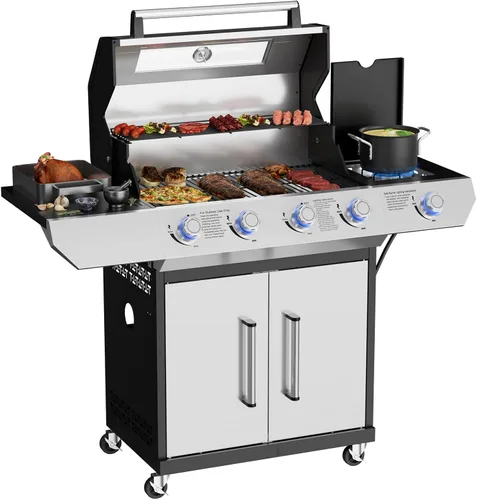 Miniatura 10 de Parrilla de gas propano, parrilla de barbacoa de acero inoxidable 4+1 con quemador lateral infrarrojo para cocinar al aire libre, color negro