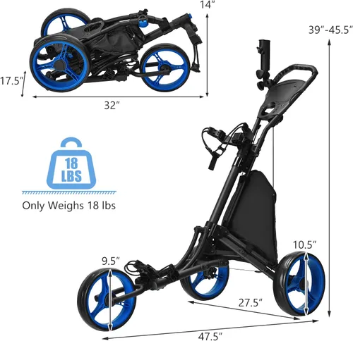 Miniatura 8 de Tangkula Carrito de golf de empuje, carrito de empuje plegable de aluminio ligero de 3 ruedas, carrito de golf con correa elástica, paraguas