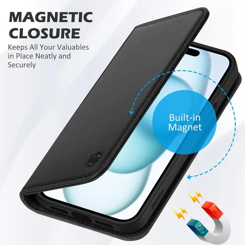 Miniatura 7 de SHIELDON Funda para iPhone 15 6.1" 2023, Funda Tipo Cartera de Cuero Genuino con [Soporte] [Tarjetero con Bloqueo RFID] [Magnética] Cubierta