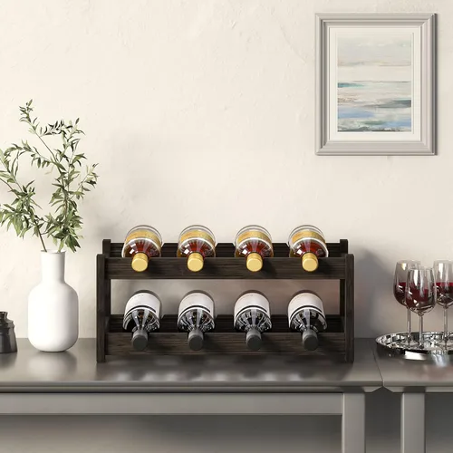 Miniatura 2 de BAMEOS Estante de vino independiente de 2 niveles y 8 botellas, estantes de vino de bambú, gabinete de encimera, soporte de vino, estante