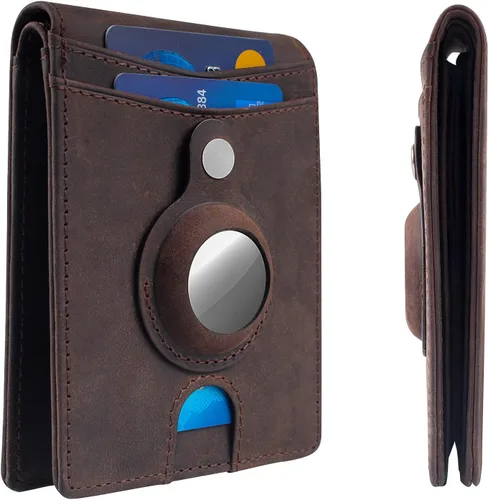 AirTag - Funda tipo cartera para hombre, delgada y plegable multifunción, billetera delgada de cuero simple para AirTag Oscar, cuero auténtico de