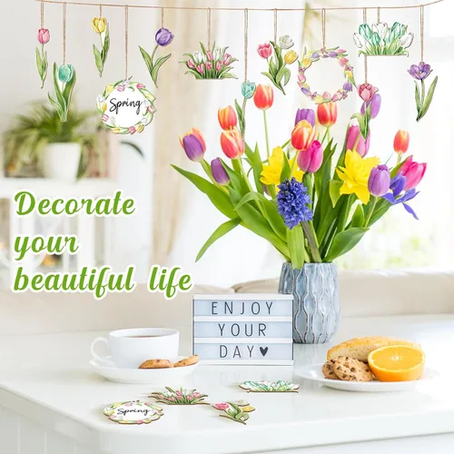 Miniatura 6 de Wenqik 36 adornos de primavera para árbol, flor de primavera, tulipán, decoraciones de bosque, decoraciones de árbol de Pascua, letrero colgante