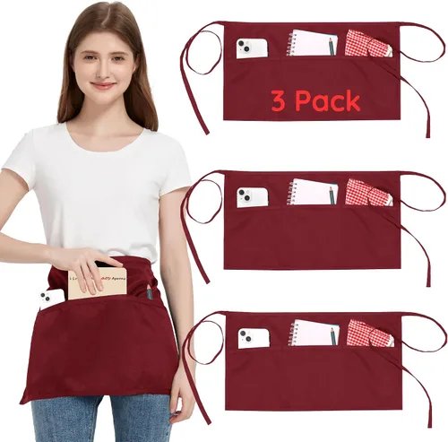 Miniatura 19 de Paquete de 3 delantales de cintura con 3 bolsillos, delantales de camarero unisex negros, delantales resistentes al agua para restaurante, chef y bar