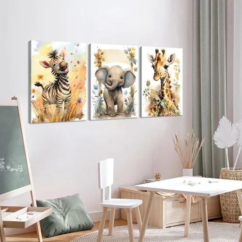 Miniatura 4 de Juego de 3 Arte de Pared de Animales del Bosque, Lienzo de Decoración de Pared con Imágenes de Animales Salvajes para Guardería, Lindo Póster