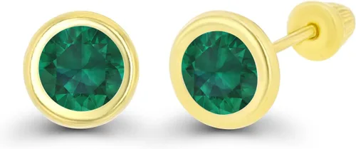 Miniatura 2 de Aretes de tuerca de oro macizo hipoalergénico de 14 quilates, solitario redondo de 5 mm con piedra de nacimiento en bisel