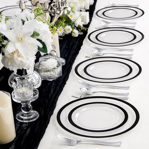 Miniatura 4 de U-QE 120 platos negros desechables para fiestas, platos transparentes y negros, desechables, resistentes, platos desechables elegantes, incluyen 60