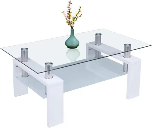 Miniatura 11 de Mesa de centro rectangular de cristal, moderna mesa de centro lateral con estante inferior, patas de madera para muebles de sala de estar (negro)