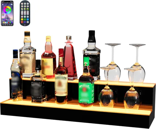 Miniatura 15 de MESAlLUP - Estante de exhibición de botellas de licor iluminado de 2 niveles de 16 pulgadas, estantes de barra LED con aplicación o control remoto