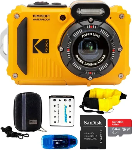 KODAK PIXPRO WPZ2 - Paquete de cámara digital impermeable, incluye: tarjeta de memoria MicroSD SanDisk de 64 GB, batería de repuesto y más (6