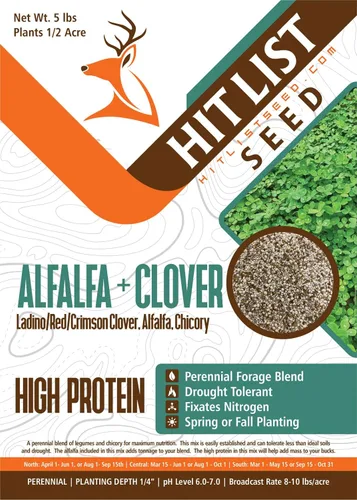 Semillas de parcela de alimentos de alfalfa + trébol para ciervos [perennes] – Semillas de parcela de alimentos perennes – Mezcla de semillas de