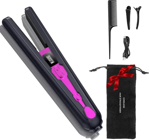 Plancha plana inalámbrica 2 en 1 y rizador, alisador de pelo inalámbrico recargable con batería de 9600 mAh, pantalla LCD, tecnología de iones
