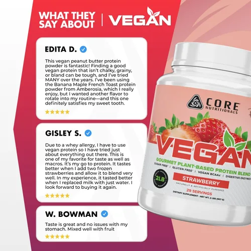 Miniatura 8 de Core Nutritionals Mezcla de proteínas veganas gourmet a base de plantas con BCAA veganos Sin lactosa, soja, azúcar y gluten 0.74 oz