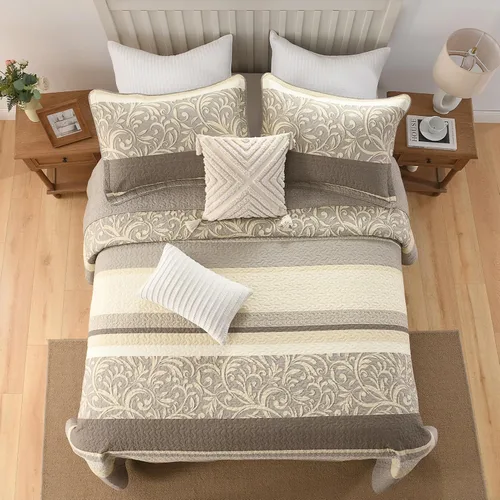 Miniatura 6 de Colchas ligeras King 120x120, Edredón de gran tamaño 100% algodón, Colcha con patrón botánico a rayas, Juego de ropa de cama acolchado reversible