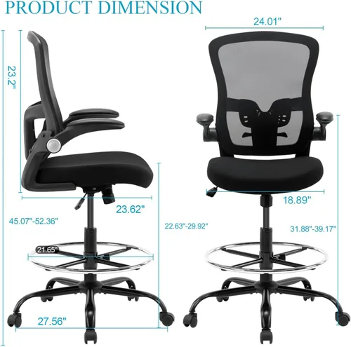 Miniatura 3 de Silla de dibujo, silla de oficina alta, silla de escritorio ergonómica de pie con reposabrazos abatibles, silla de trabajo de computadora de altura