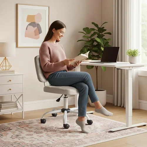 Miniatura 5 de VINGLI Silla de escritorio pequeña compacta, bonita silla sin brazos con ruedas, silla de tocador con respaldo bajo, silla de trabajo de altura Gris
