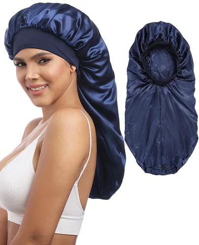 Miniatura 8 de AWAYTR Gorro largo de satén para mujer, gorro de seda de 2 capas para trenzas, gorro de dormir elástico con gorro de noche de banda ancha (negro)
