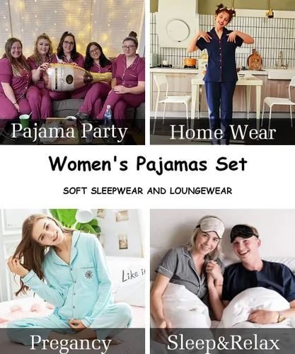Miniatura 4 de SWOMOG conjunto de pijama de dos piezas para mujer, ropa de dormir de manga corta, con botones, pantalones largos