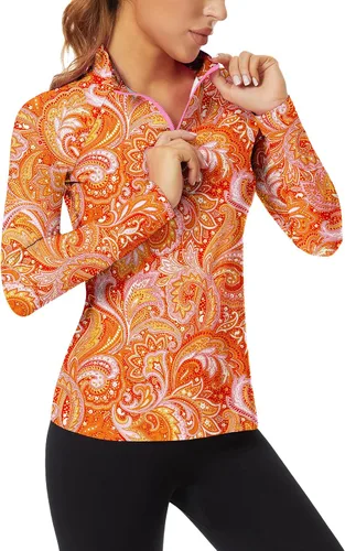 Miniatura 89 de WOWENY Camiseta deportiva de manga larga para mujer, con cremallera de un cuarto, cuello para entrenamiento, camiseta de tenis con estampado