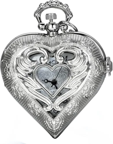 JewelryWe Reloj de bolsillo con colgante de corazón en tono plateado vintage para niñas, señoras y mujeres con cadena de 30 pulgadas para Navidad